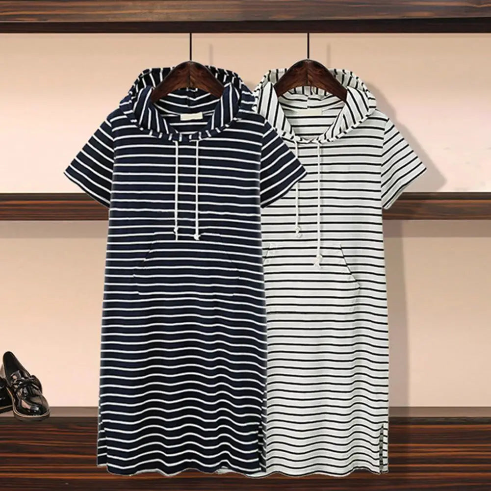 XL-5XL Women Dress Hooded Drawstring Sports Style Short Sleeves Striped Plus Size Loose Fit Summer Casual Dress vestido feminino Viralgem Store