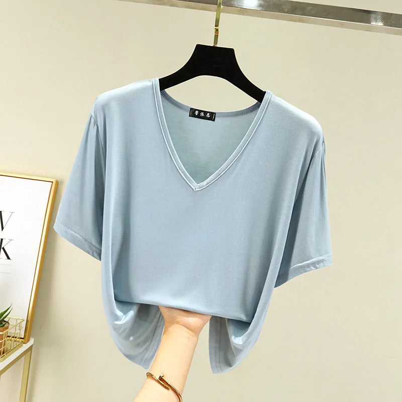 Women's T-shirt Modal V-Neck Short sleeves Tops Summer Casual T Shirts  Solid color Loose basic Bottoming Tees