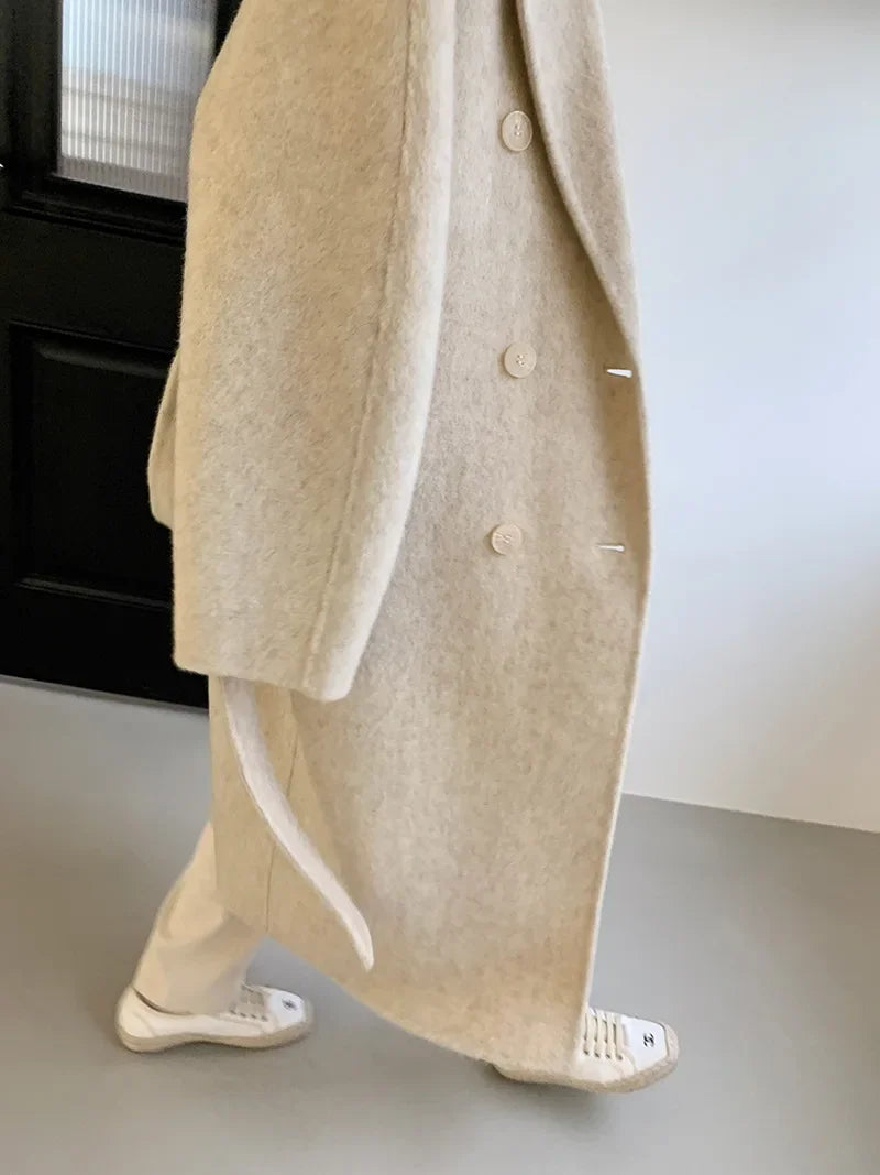 2024 Autumn Winter Wool Coat Women Double-breasted Solid Color Women's Double-sided Woolen Belt Coats Loose Warm Wool Jacket