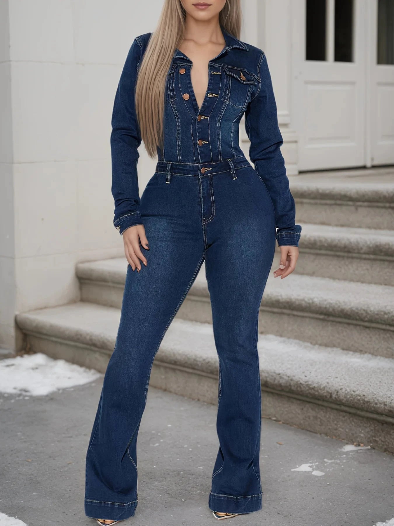 Women's new fashionable elastic hip lifting denim jumpsuit with long sleeved button design, elegant and sexy denim jumpsuit, Viralgem Store