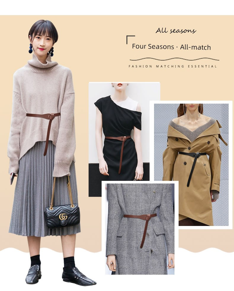 Women's Woolen Sweater Accessories Leather Coffee Color Lengthened Belt