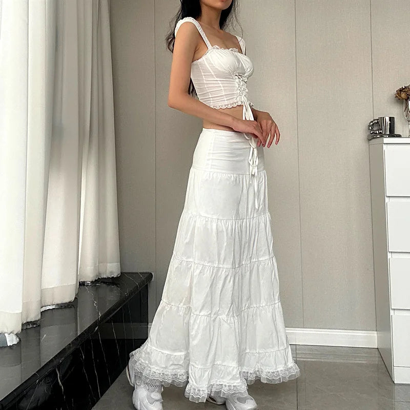 2 Piece Sets Lace Patchwork Beach Holiday Matching Set Outfits Sexy Summer Women Square Neck Crop Top and Long Skirt