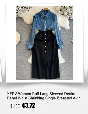 XFPV Female Dress Square Collar Solid Puff Sleeve Backless Bow High Waist Elegant Fashion Vestidos Spring Autumn2024 SM9457