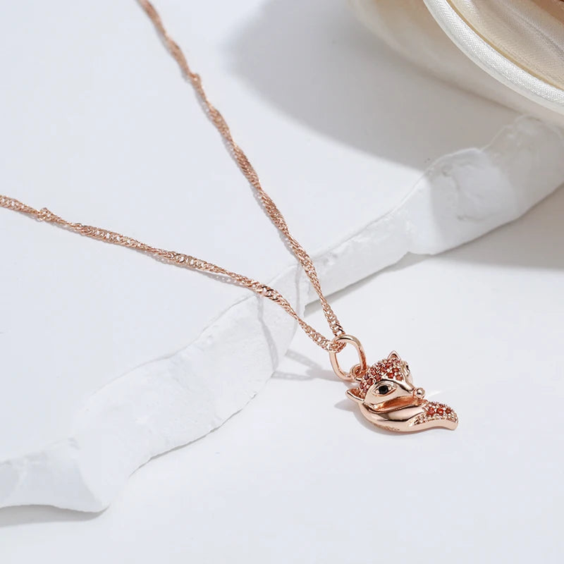 SYOUJYO Red Natural Zircon Fox Pendant Necklace For Women 585 Rose Gold Color Animal-shaped Fine Jewelry Viralgem Store