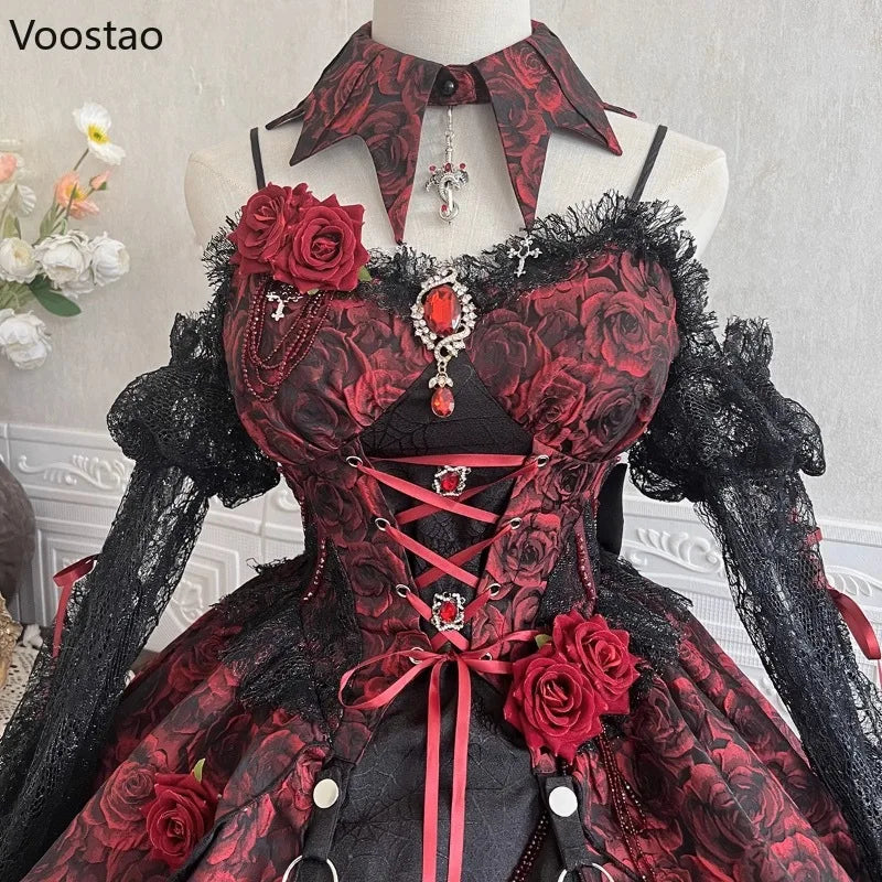 Victorian Gothic Lolita Dress Set Women Y2k Retro Rose Print Bandage Evening Party Dresses With Black Lace Sleeve Elegant Dress Viralgem Store