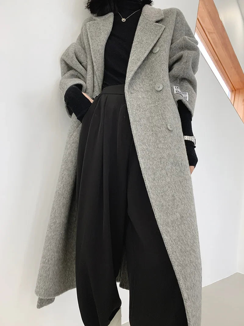 2024 Autumn Winter Wool Coat Women Double-breasted Solid Color Women's Double-sided Woolen Belt Coats Loose Warm Wool Jacket
