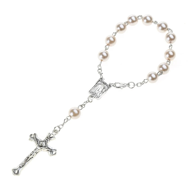 8mm Pearl Finger Rosaries Baptism Rosary Favor Small Rosary with Crosses Party Favor for Communion Baptism Wedding Party