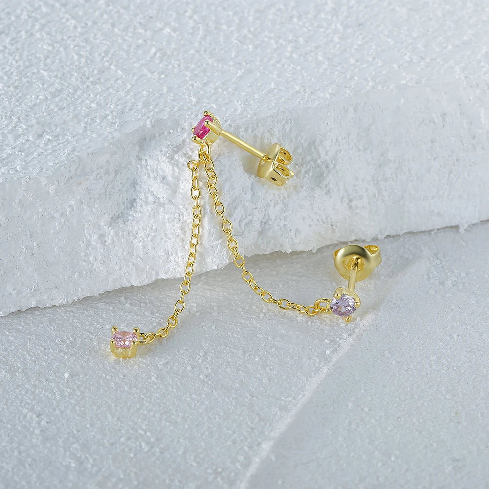 Aide 925 Sterling Silver 1pc Four Zircons Charm Chain Tassel Earrings For Women Double Studs Sparkling CZ Pave Cartilage Clips