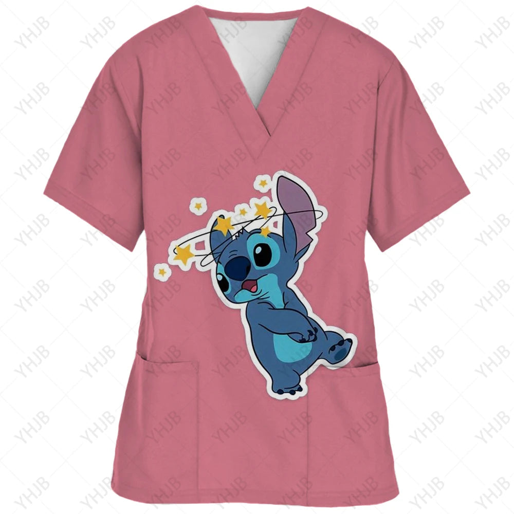 Top Women 2024 Minnie Mouse Tops Disney T Shirt Pocket T-shirts Hospital T-shirt Summer Nurse Uniform Woman Clothes Mickey Tees