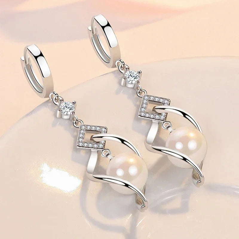 925 Sterling Silver Crystal Zirconia Natural Pearl Earrings, Women's Fashion Gorgeous Wedding Engagement Party Jewelry