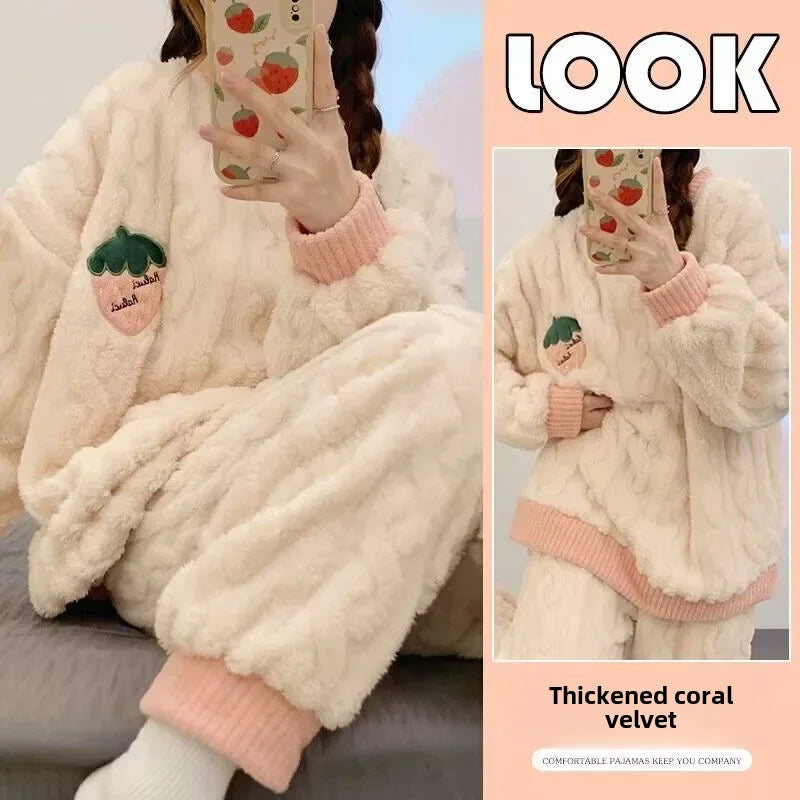 Winter Flannel Fleece-lined Sleepwear Women's Long Sleeve Warm Thickened Pyjamas Home Clothes Explosion Model Jacket Viralgem Store