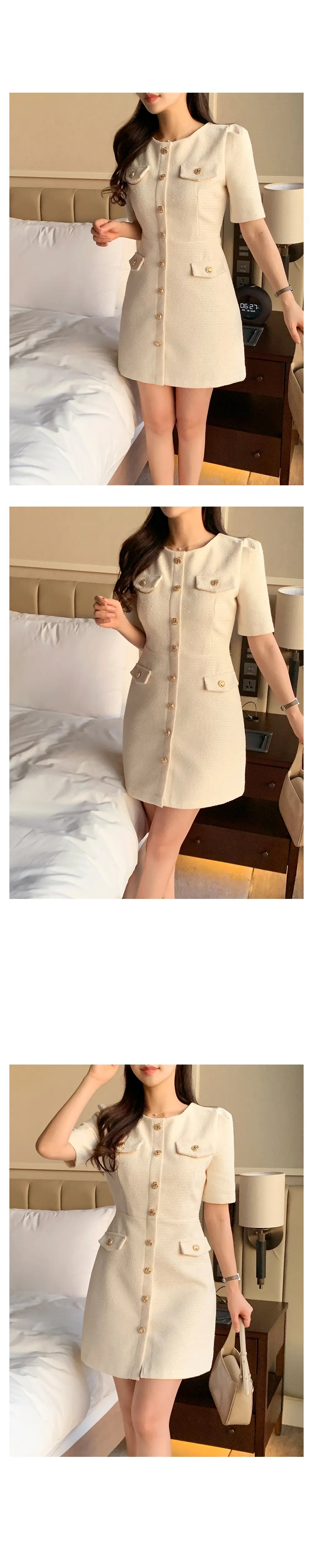 Temperament  Small Fragrance O-neck Vestidos 2024 Summer Korean Chic High Sense Tweed Puff Sleeve Dress Short Dresses Woman
