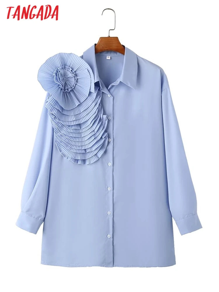 Tangada 2024 Spring Women Blue Flower Shirt Long Sleeve Female Loose Blouse Tops 4T02 Viralgem Store