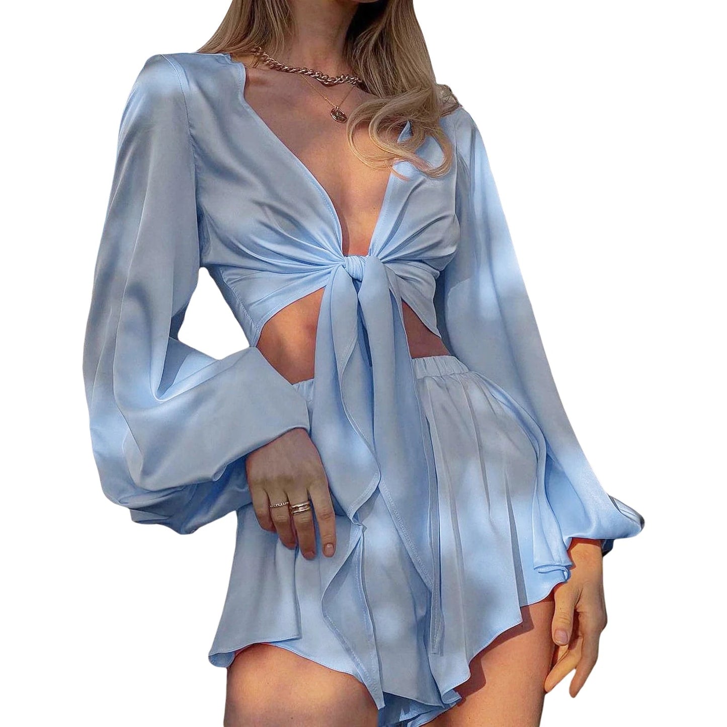 Women s Two Piece Outfits Low Cut Tie Front Pajamas Set Summer Long Sleeve Shorts Loungewear Set Viralgem Store