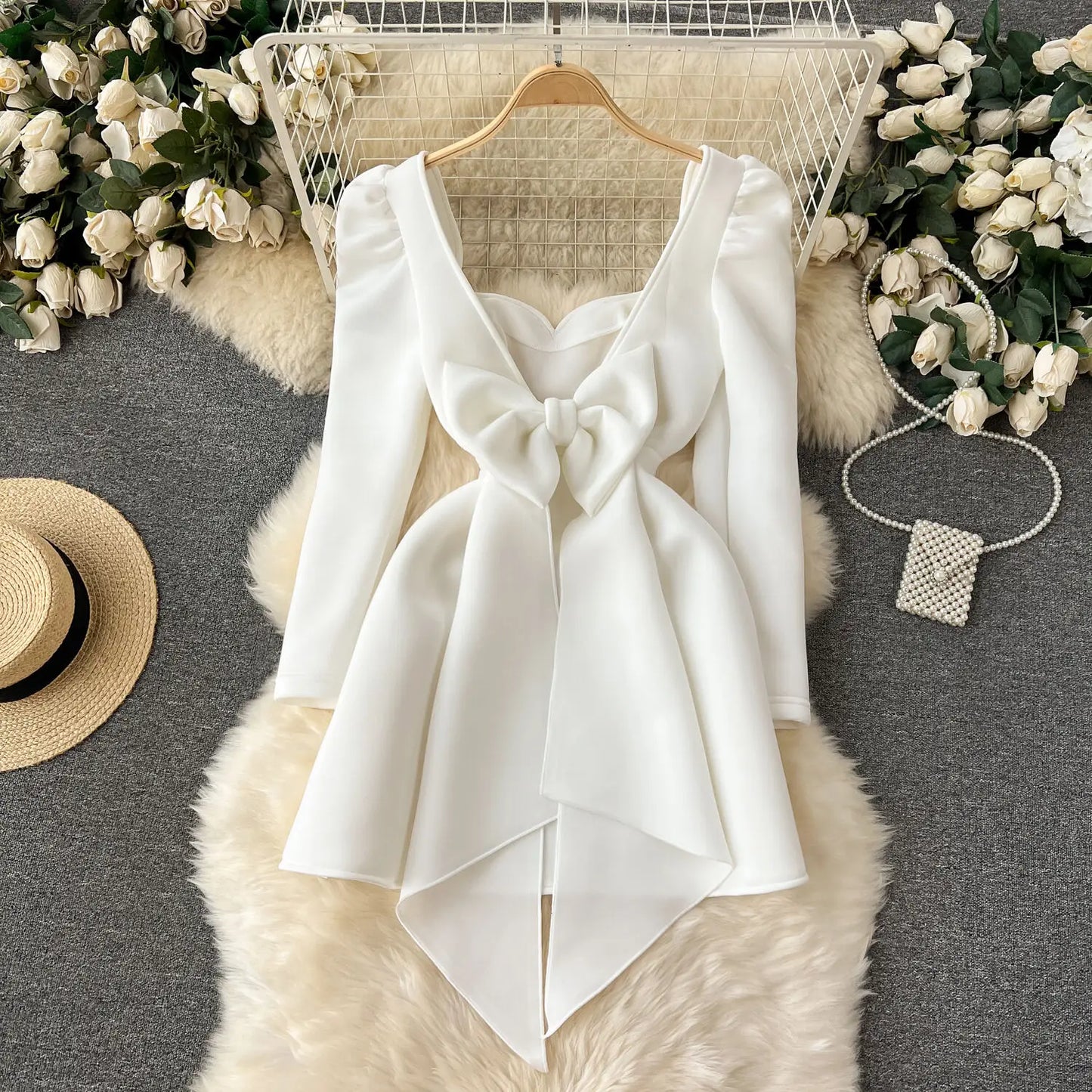 XFPV Female Dress Square Collar Solid Puff Sleeve Backless Bow High Waist Elegant Fashion Vestidos Spring Autumn2024 SM9457
