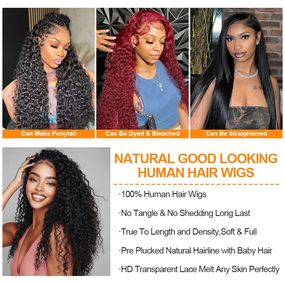 100% Human Hair  HD lace wigs Deep Wave Lace Frontal Wigs 13x4 Water Curly Lace Front Wig 30 40 Inch Kinky curly wigs human hair Viralgem Store