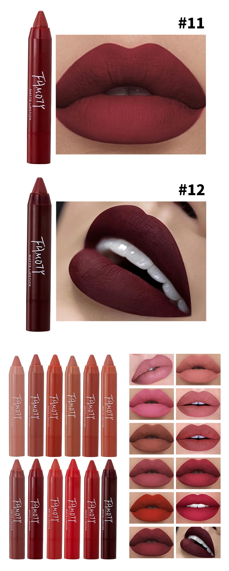 12 Colors Matte Lipstick Pen Waterproof Velvet Nude Lipstick Pencil Sexy Red Brown Pigments Lips Makeup Long Lasting Lip Tint