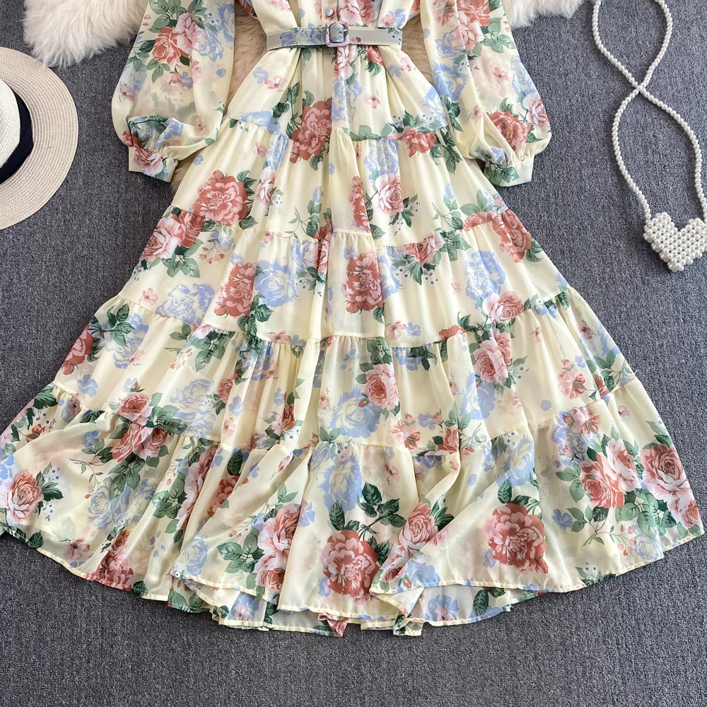 Spring Autumn Women Floral Chiffon Long Dress Vintage Purple/Pink/Black/Beige Stand Collar Single Breasted Maxi Robe Elegant New Viralgem Store