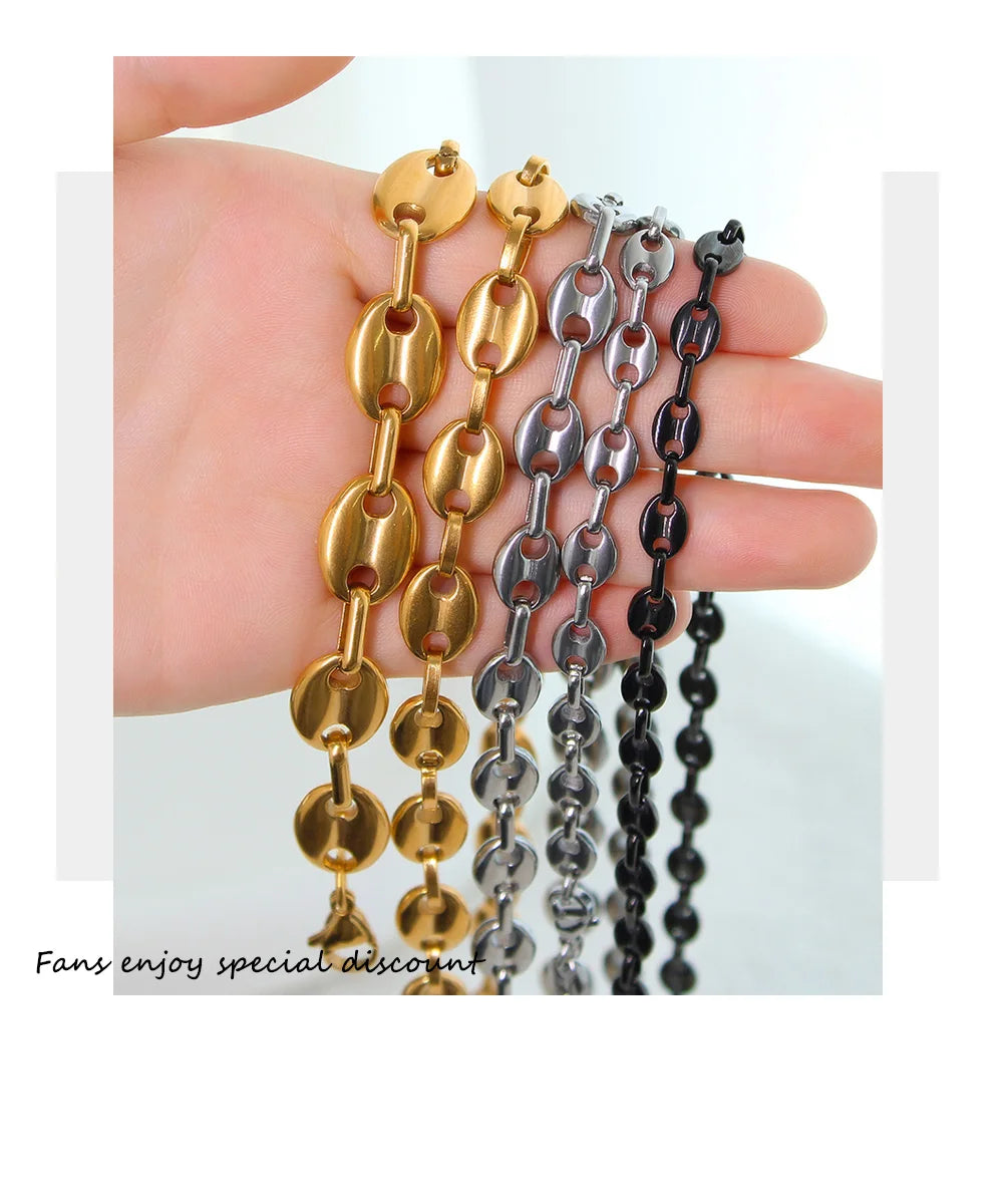 USENSET Coffee Bean Stainless Steel Bracelet Waterproof Link Chains 8-11MM Handmade Jewelry Gold Color Gifts 7-34inch
