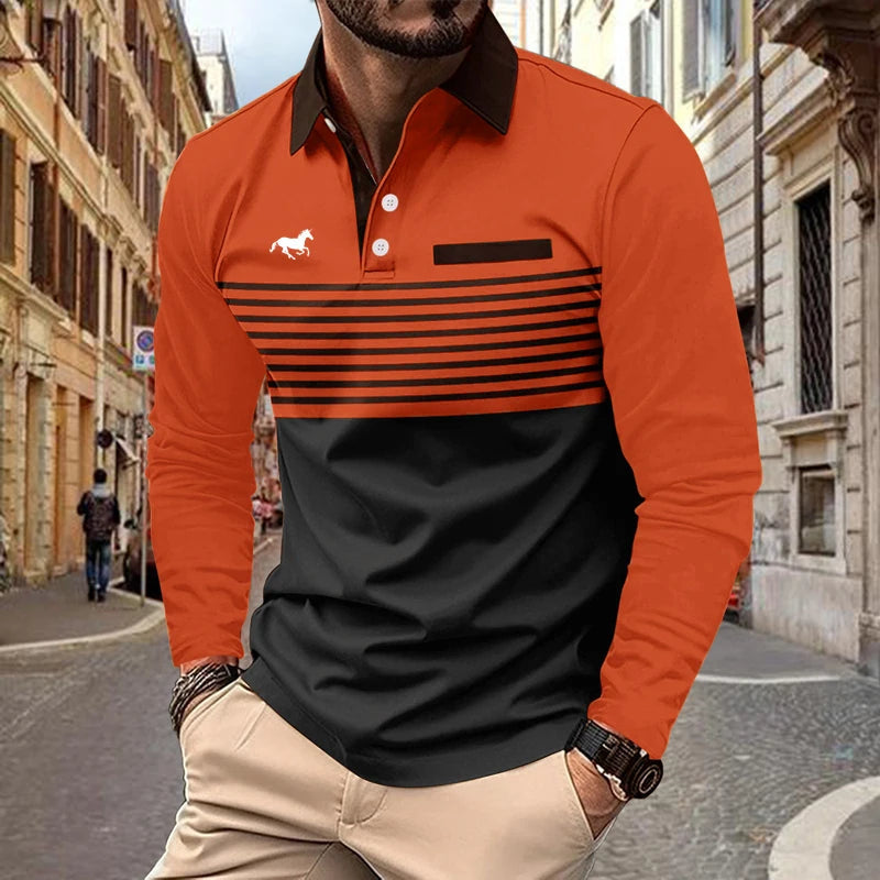 Spring Autumn 100% Polyester Breathable Business Casual Turn-down Collar Tops Men Long Sleeve 3D Digital Print Sport Polo Shirt Viralgem Store