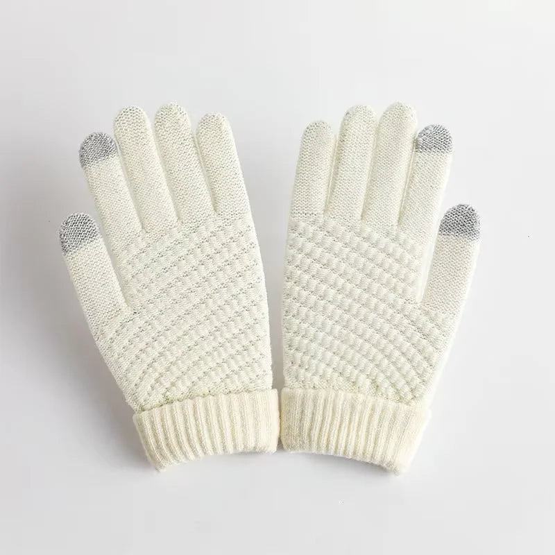 Women Gloves Knitted Solid Autumn Winter Hand Warmer Thicken Lining Skiing Short Wrist Female Full Fingered Mittens