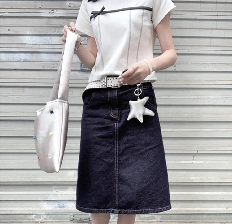 Yedinas High Quality Cotton T Shirt Women Clothes Korean Fashion Summer Tops Short Sleeve Bow Bright Line Decoration Tees Y2k