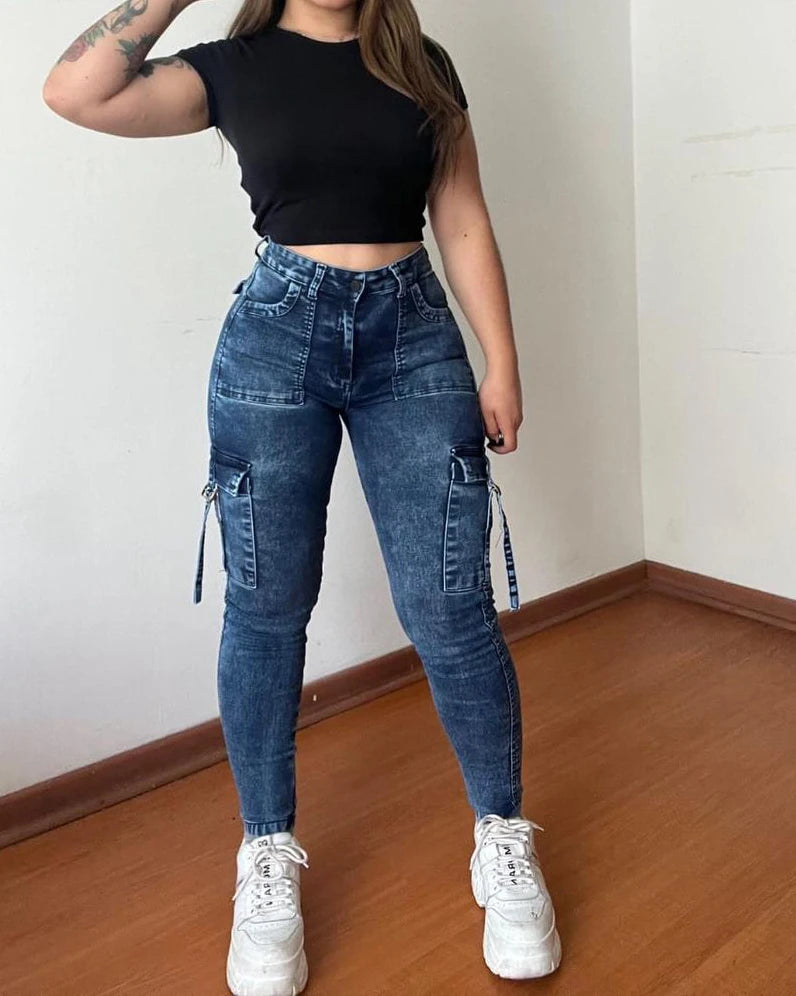 Vintage Streetwear Skinny Jeans Women Retro Y2K High Waist Jeans Casual Wash Cargo Pants Women Autumn Winter Legging Denim Pants