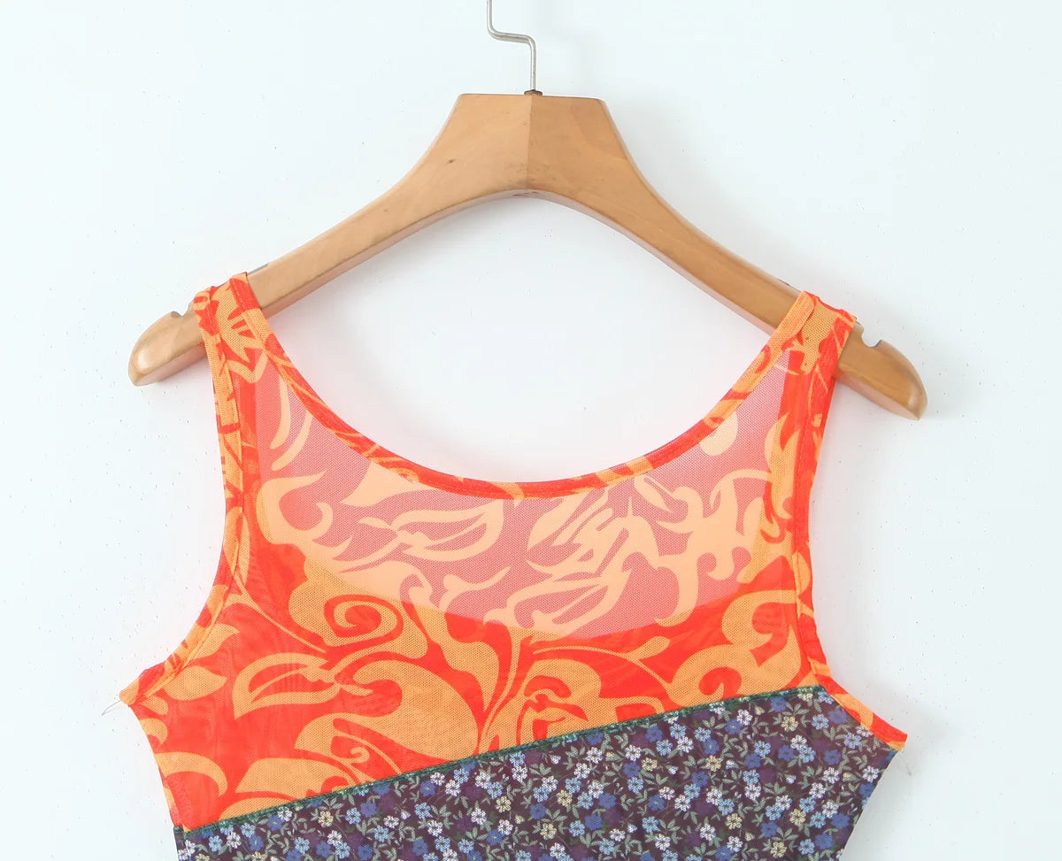 2024 Sexy Ruched Square Collar Contrast Color Plaid Flower Print Sleeveless Mini Mesh Dress Women Packages Hips A-line Tank Robe