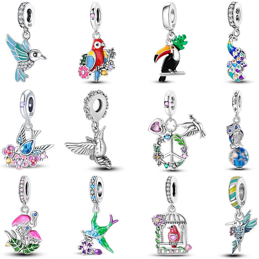 100% 925 Silver Parrot Hummingbird Owl Birds Fashion Design Charms Beads 3mm DIY Fine Jewelry Gifts Making Viralgem Store