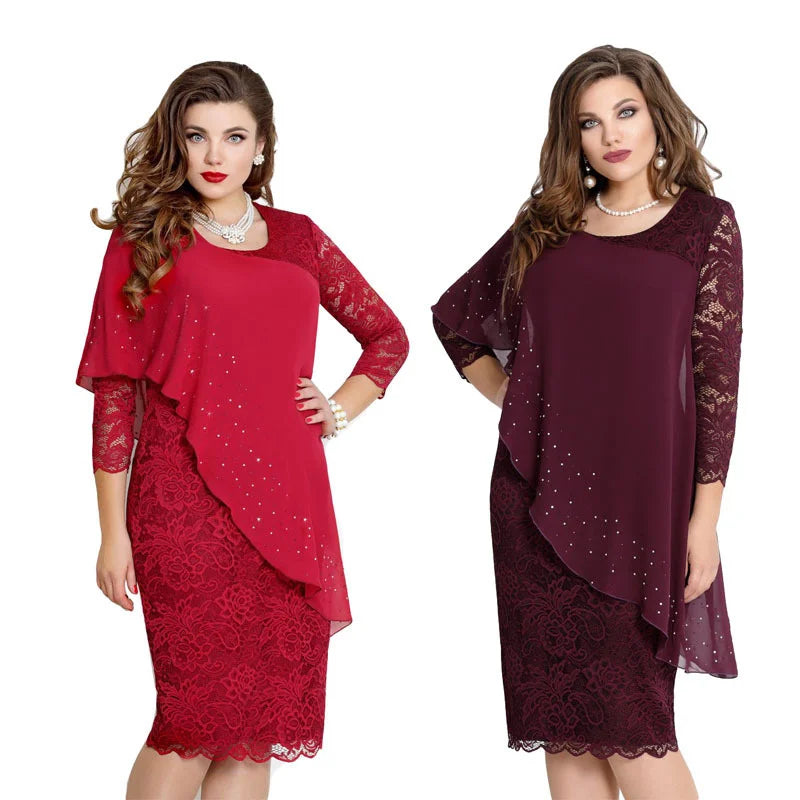 Women's Plus Size New Year Knitted Dresses 2022 Mesh Lace Long Sleeve Stitching Luxury Evening Fake Two-piece Chiffon Dress 90s