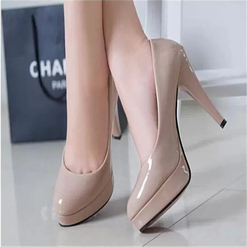 Women Pumps Fashion Classic Patent Leather High Heels Shoes Nud Head Paltform Wedding Women Dress Shoes Plus Size 34-42