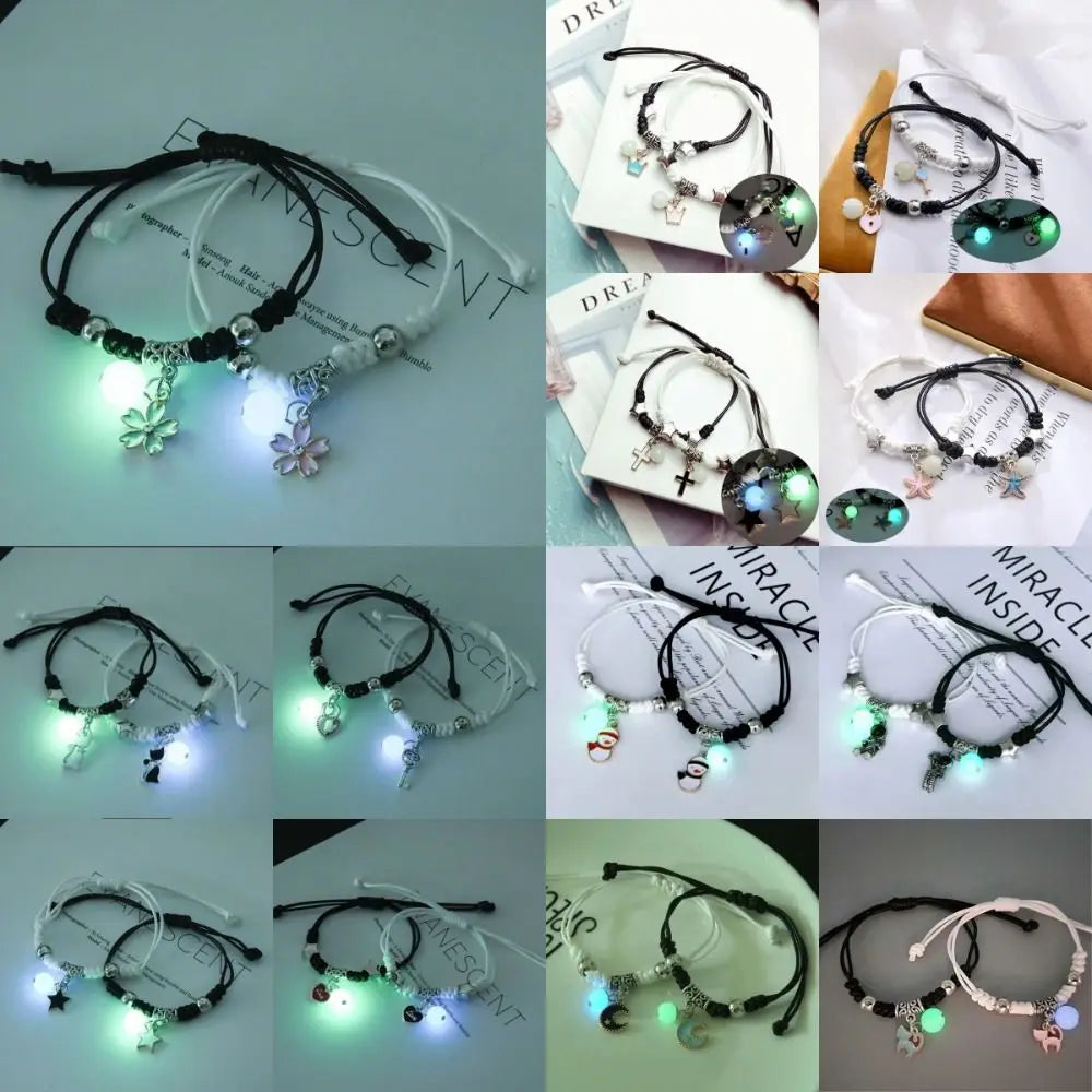2Pcs Bracelet Jewelry Luminous Beads Couple Bracelet Woven Rope Star Friendship Bracelet Flower Heart Charms Bracelet Set