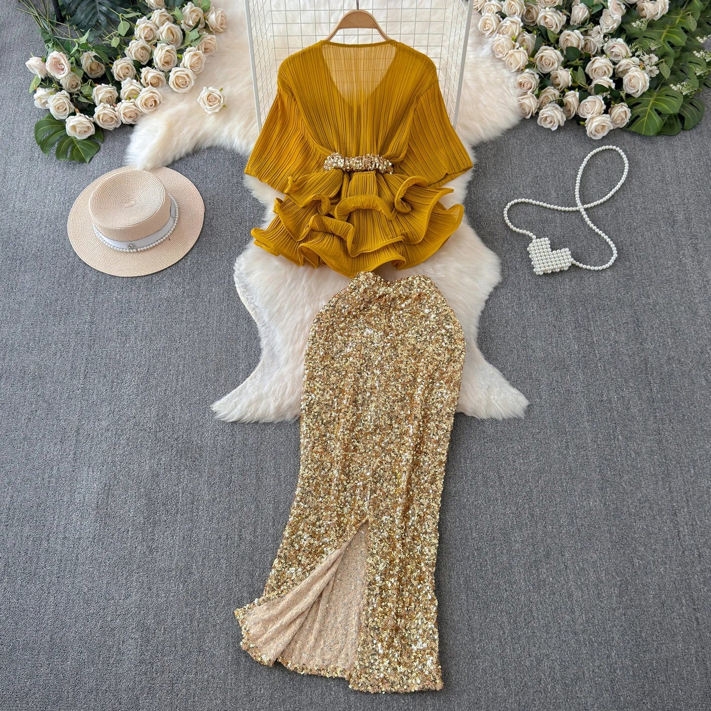 Summer New Light Luxury Sequin Two Piece Skirt Set Women's V-neck Belt Blouse Top+Slim Fit High Waist Wrap Hip Half Skirt Set Viralgem Store