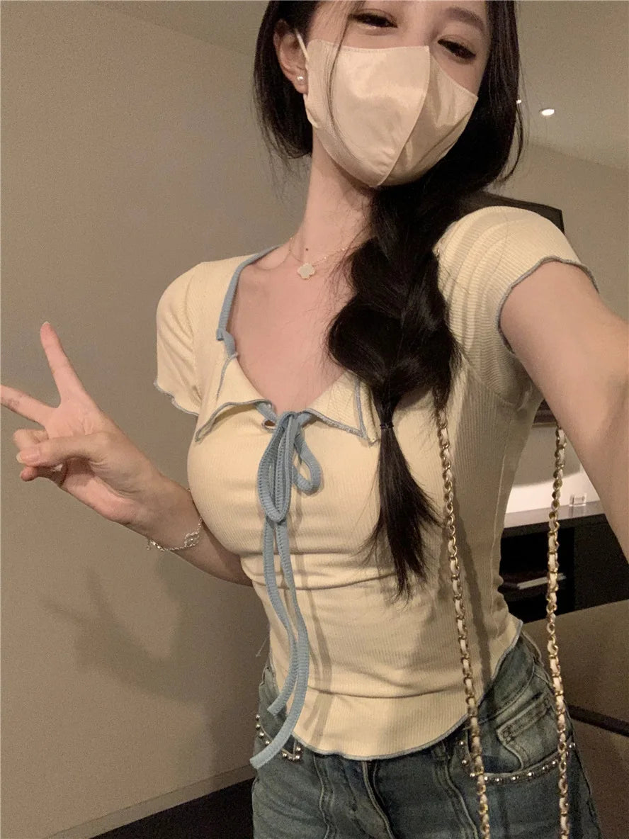 Sweet Spicy Girl Style Tie Straps V-neck Women's Knitted T-shirt Show Slim Figure Short Sleeved Tops Youth Elegant