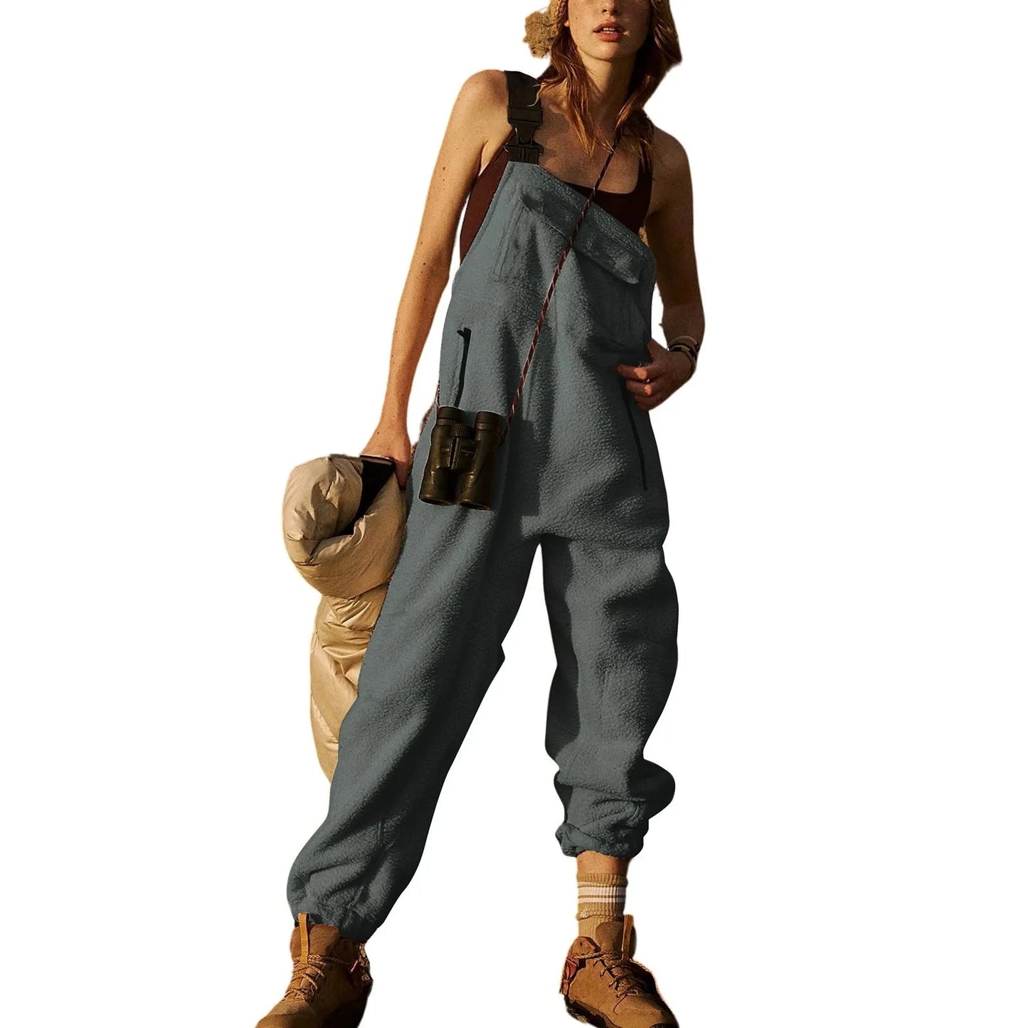 Womens Fleece Overalls One-piece Bibs Jumpsuits Adjustable Suspender Straps Warm Winter Fuzzy Ski Pants macacão feminino 점프슈트 Viralgem Store