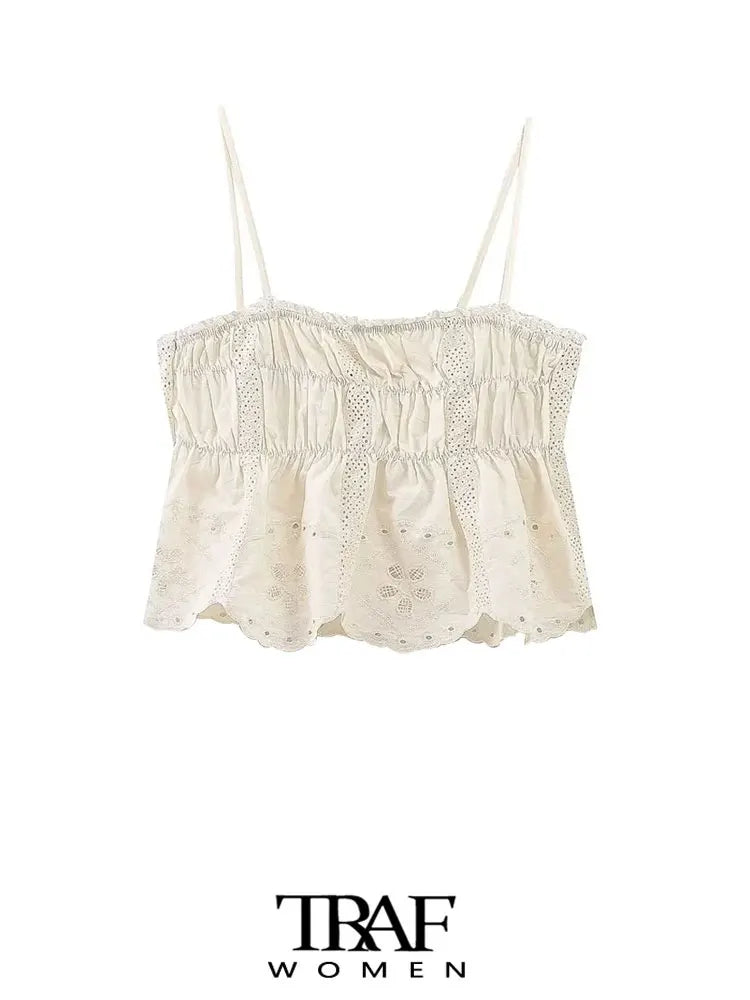 TRAF Women Fashion Embroidery Cropped Tank Tops And High Elastic Waist Shorts Female Two Piece Sets Mujer Viralgem Store