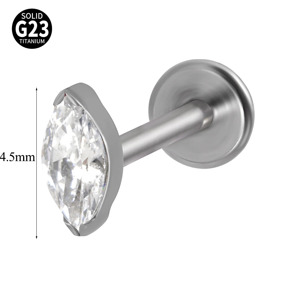 1PC ASTM F136 Titanium Marquise Labret CZ Zircon Ear Tragus Cartilage Flat Back Earring Piercing Internally Thread Body Jewelry
