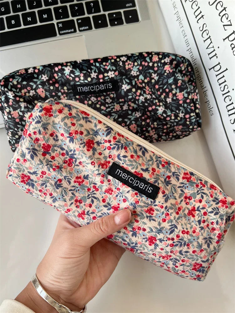 Women Flower Cosmetic Bags Girl Pencil Case Embroidery Student Korean Kawaii Cases for Girls Make Up Brush Storage Pouch