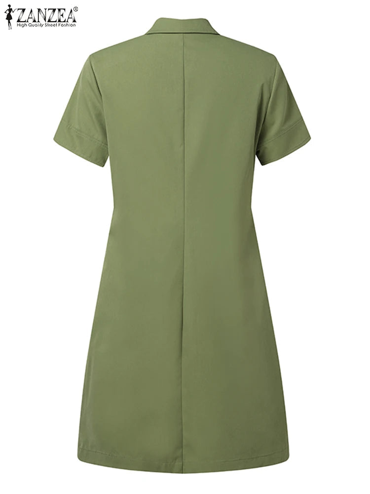 ZANZEA Women Summer Cargo Dress Fashion Solid Shirt Vestidos Vintage Loose OL Work Sundress Green Elegant Holiday Dresses Kaftan Viralgem Store