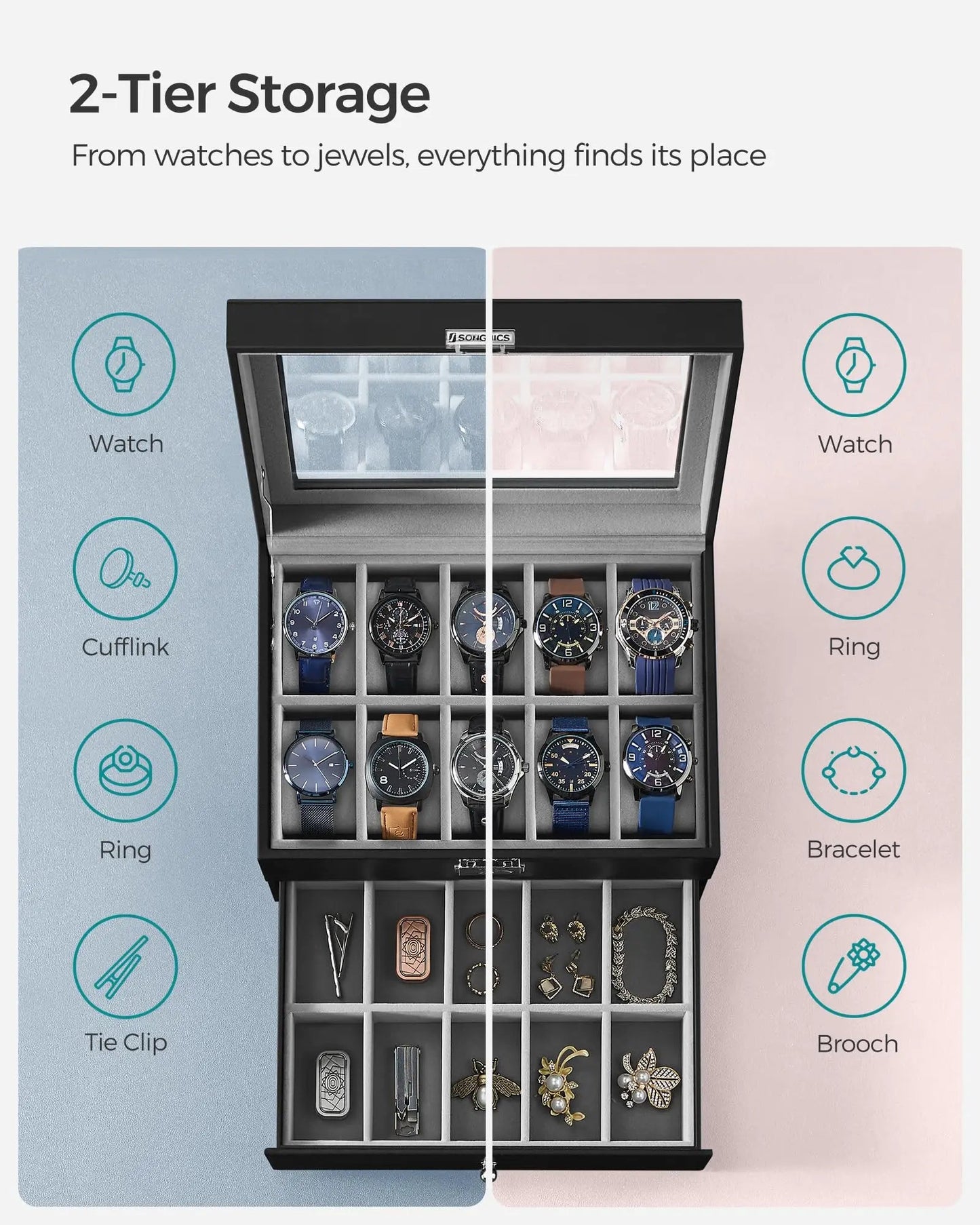 20-Slot Watch Organizer Case, Watch Case with Glass Lid, 2 Layers, Lockable Watch Display Case, Black Synthetic Leather, Gray Viralgem Store