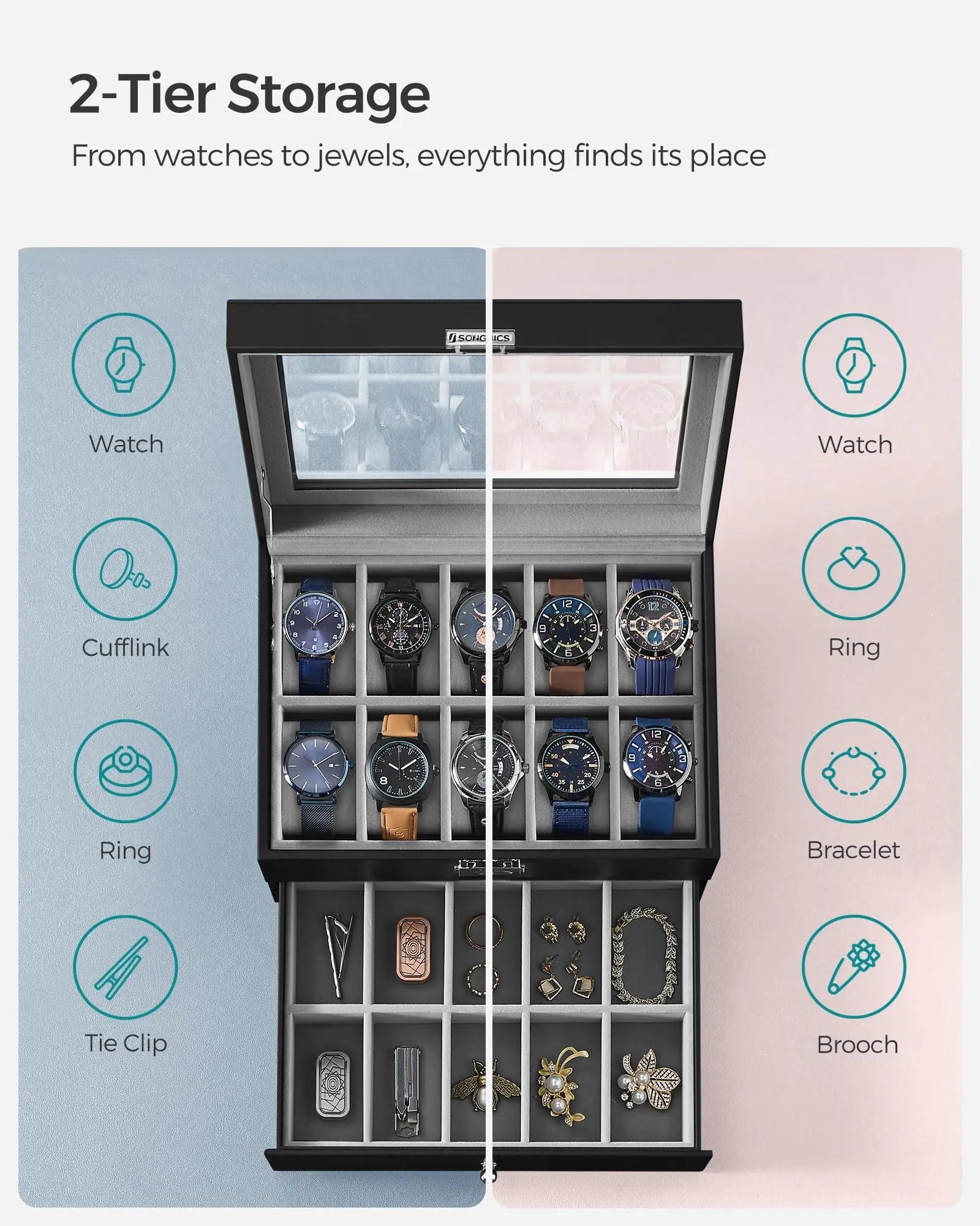 20-Slot Watch Organizer Case, Watch Case with Glass Lid, 2 Layers, Lockable Watch Display Case, Black Synthetic Leather, Gray Viralgem Store