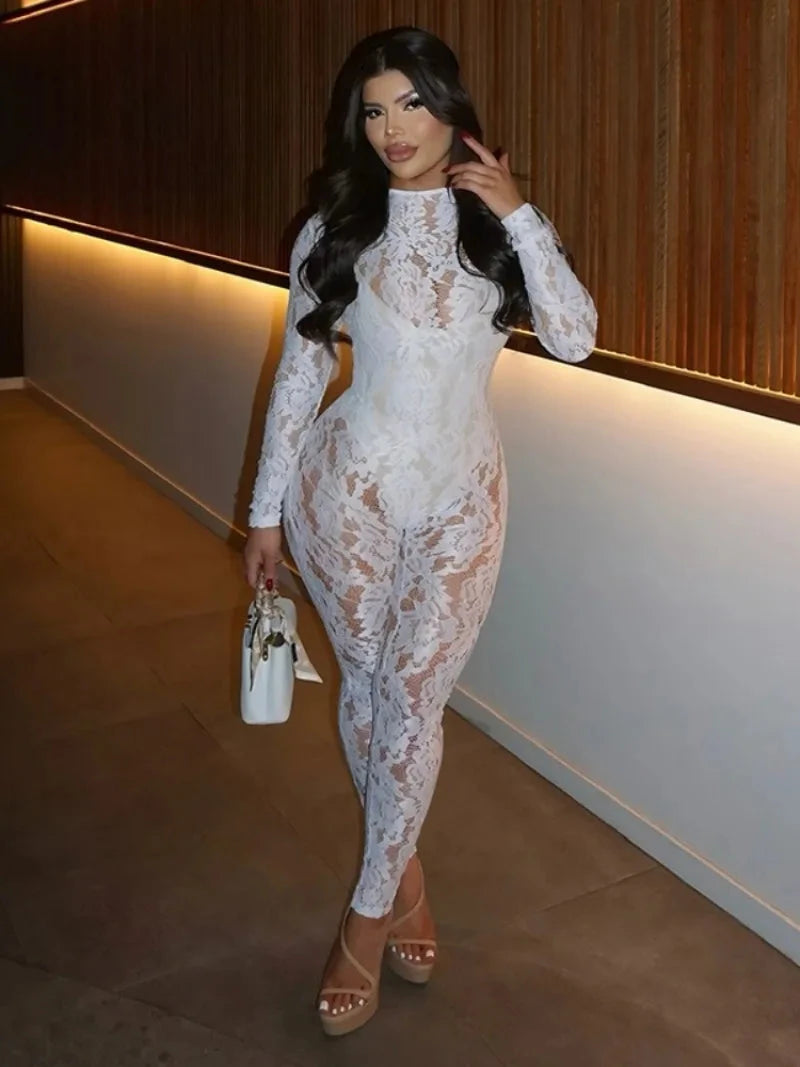 FDYOUI Sexy Lace Jumpsuit for Women 2025 Autumn Long Sleeve See-through Tight Bodysuit Evening Party Outfit White Black Clubwear Viralgem Store