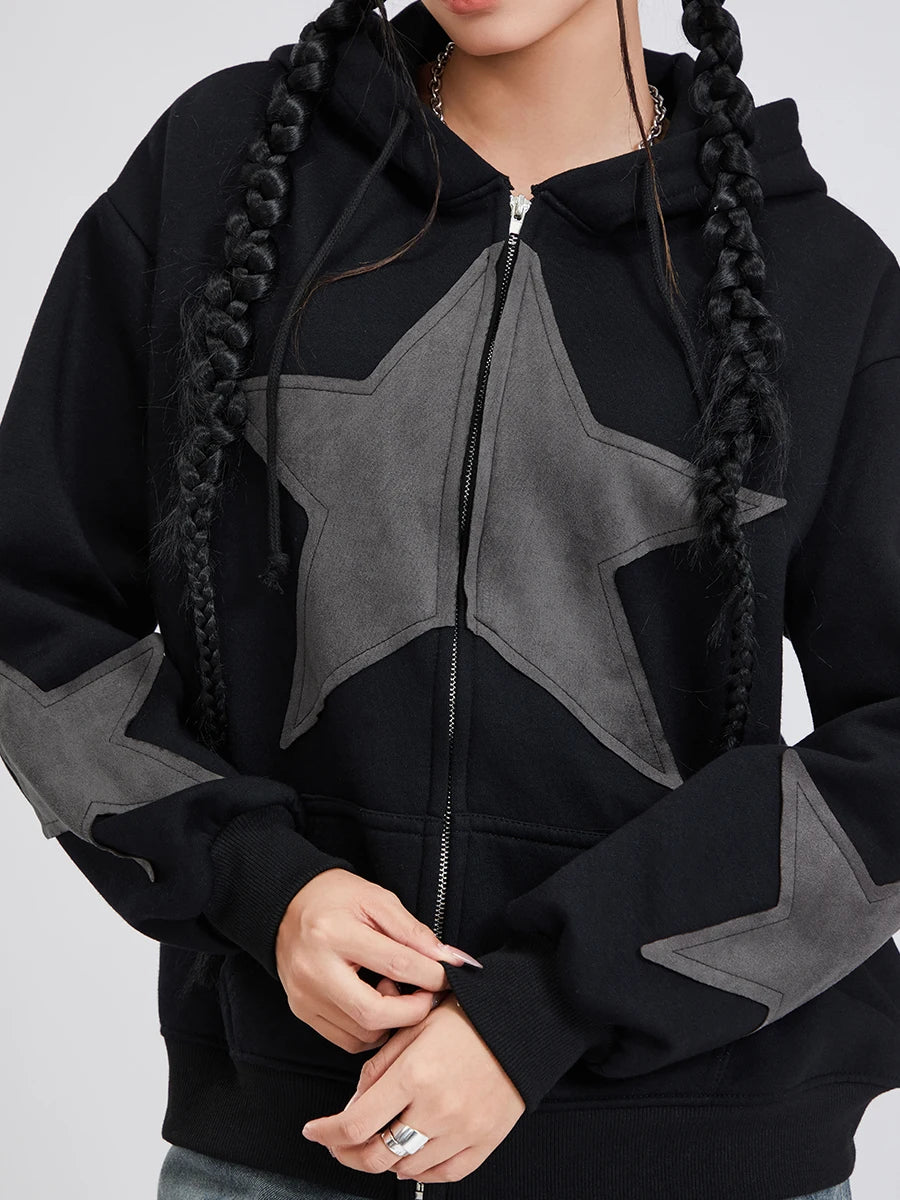 Women's Y2k Zip Up Hoodies Star Print Long Sleeve Graphic Hooded Jacket Aesthetic Oversized Coat Harajuku Streetwear
