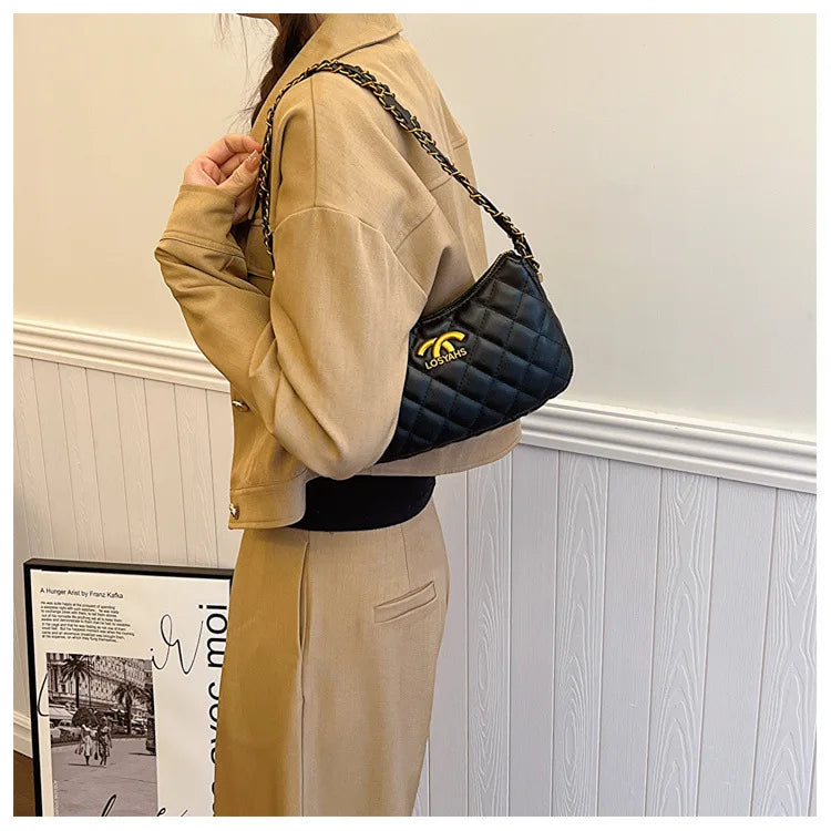 Advanced texture diamond grid small bag for women's 2025 autumn and winter new retro light luxury chain shoulder armpit bag