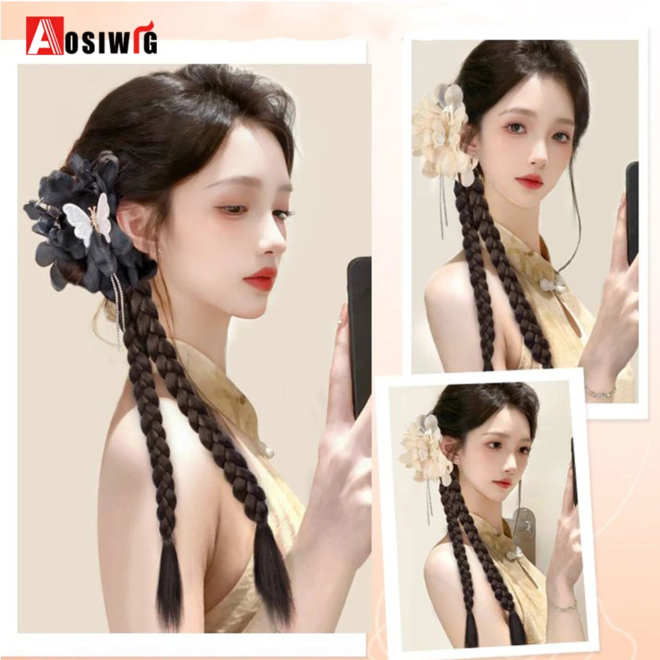Synthetic Claw Clip in hair Braid Ponytail Hair Advanced Butterfly Love Flower Tassel Double Fried Dough Twists braids Ponytail Viralgem Store