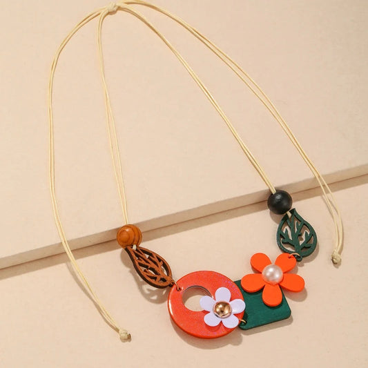 Vintage Ethnic Geometric Wooden Bib Necklace Women Wood Leaves Flower Collar Handmade Adjustable Choker Long Necklaces Pendants Viralgem Store