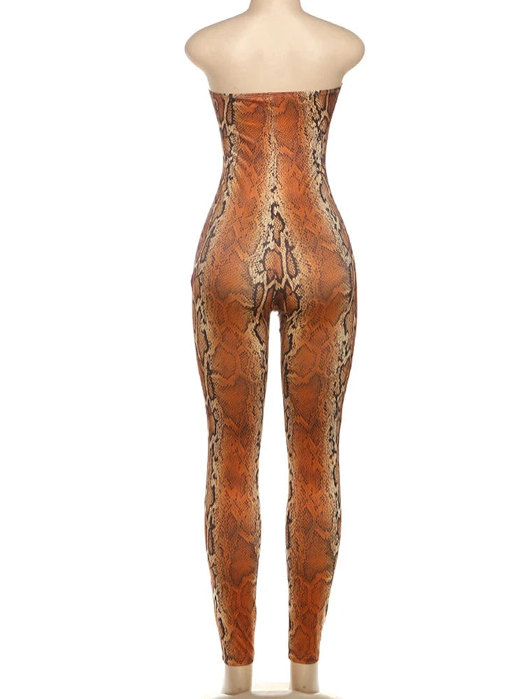 Weird Puss Sexy Snake Print Jumpsuit Women Y2K Strapless Hollow Metal Cirque Midnight Workout Activity Hipster Stretch Overalls Viralgem Store