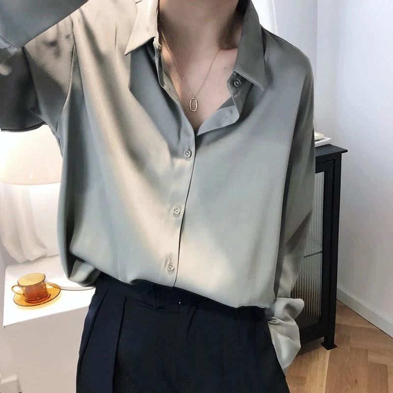 All-match Satin Finish Shirts And Blouses Women Clothing Casual Top OL Long Sleeve Button Elegant Shirts French Solid Blouses Viralgem Store