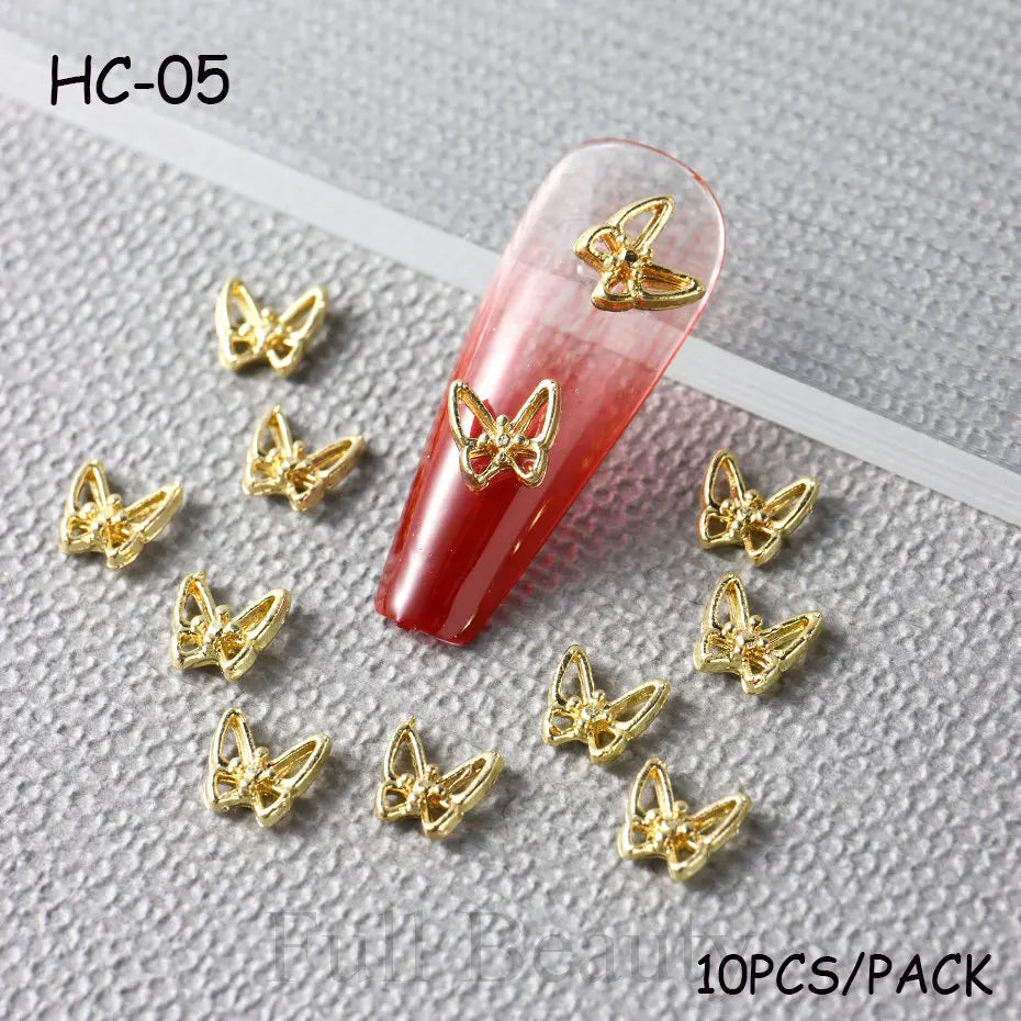 10pcs/pack Butterfly Shaped Nail Charms 3D Gold Silver Butterflies Rhinestone Zircon Jewelry DIY Nail Art Decoration Accessories