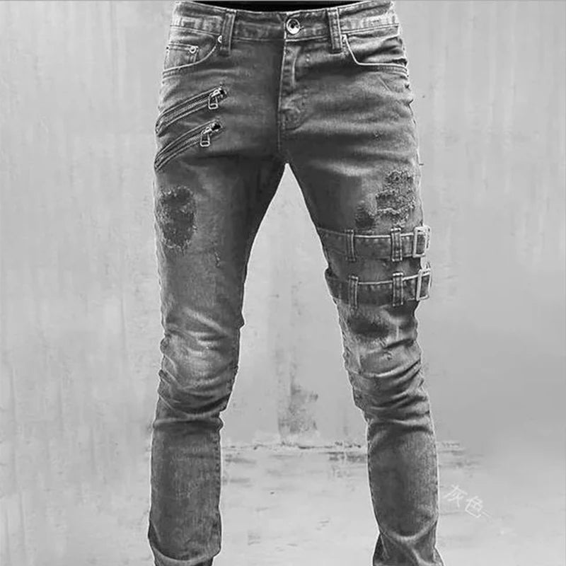 Zipper Decoration Slim Fit Biker Men Jeans Cotton Stretchy Ripped Skinny Jeans High Quality Hip Hop Black Oversize Denim Pants